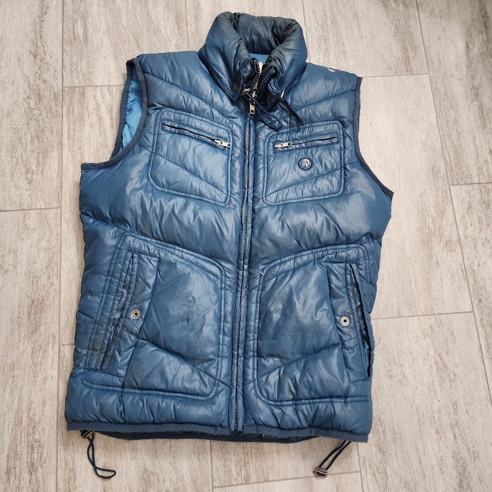 Vintage Diesel Y2K Vest Navy Blue Down Puffer Quilted Full Zip Hidden Hood M